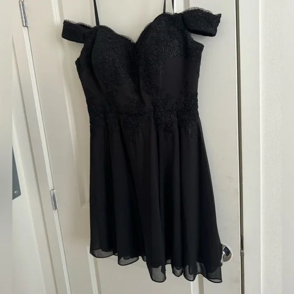 grey tights black dress Off the Shoulder Long Sleeves Short Formal Dress With Appliques